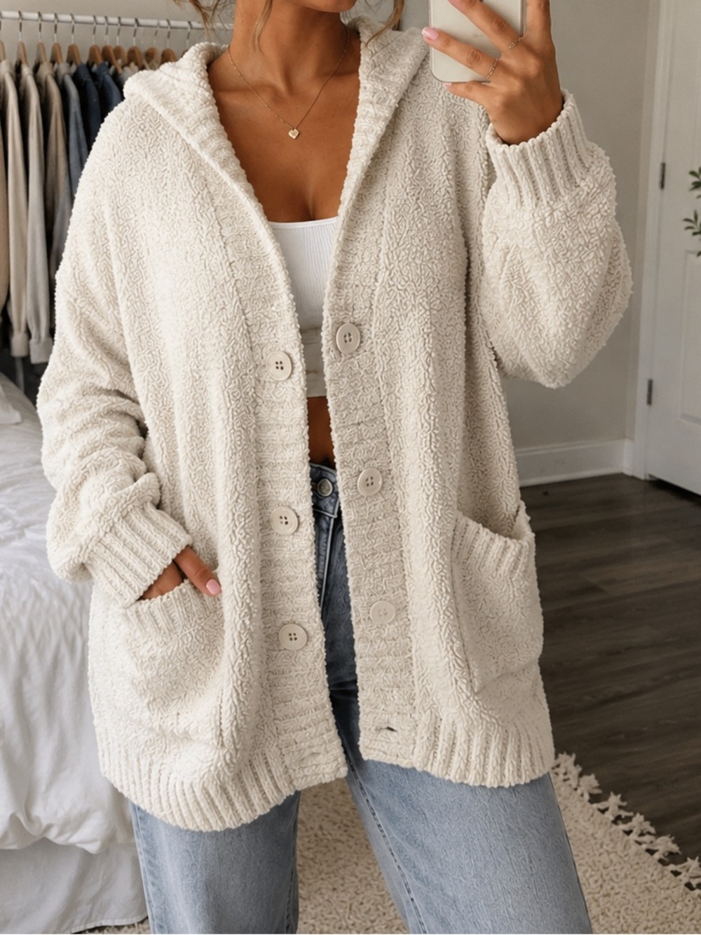 Very J plush knit pocket hooded cardigan gray size small